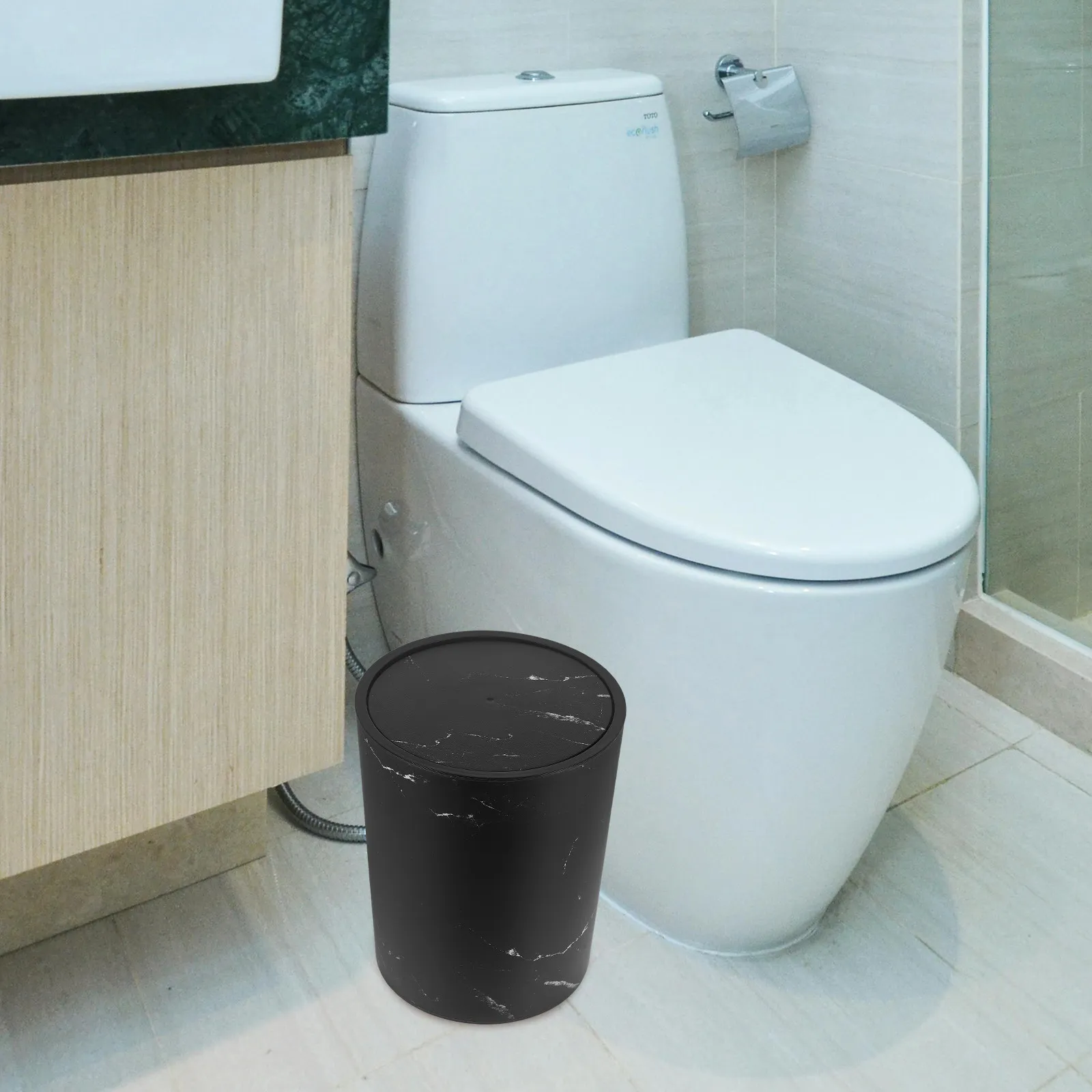 

Marble Pattern Plastic Swing Lid Trash Can Large Capacity Bag Securing Ring Wastebasket for Living Room Kitchen Bathroom Bedroom