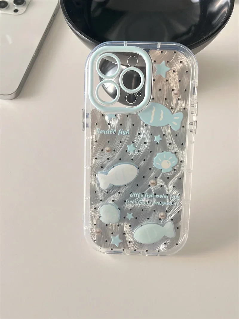 Luxury Blue Dot Pearl Phone Case for iPhone 15 14 13 Pro Max 15pro Silver muslin Design Cover Cartoons Shells Protection Cases