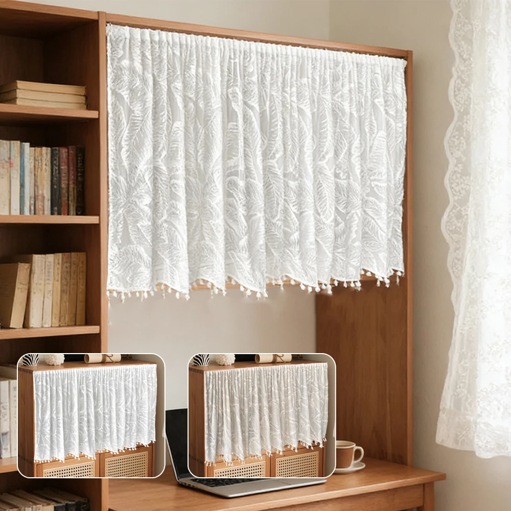 

1PC Boho Leaf Pattern Cabinet Curtain Lace Short Drape with Tassels Velcro Semi-Sheer Window Partition Curtain for Cafe Kitchen