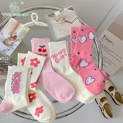 Women Pink Flower Cotton Socks Cute Sweet Harajuku Cotton Mid-tube Socks Casual Girl Y2K Lolita Socks Outside Sports Socks