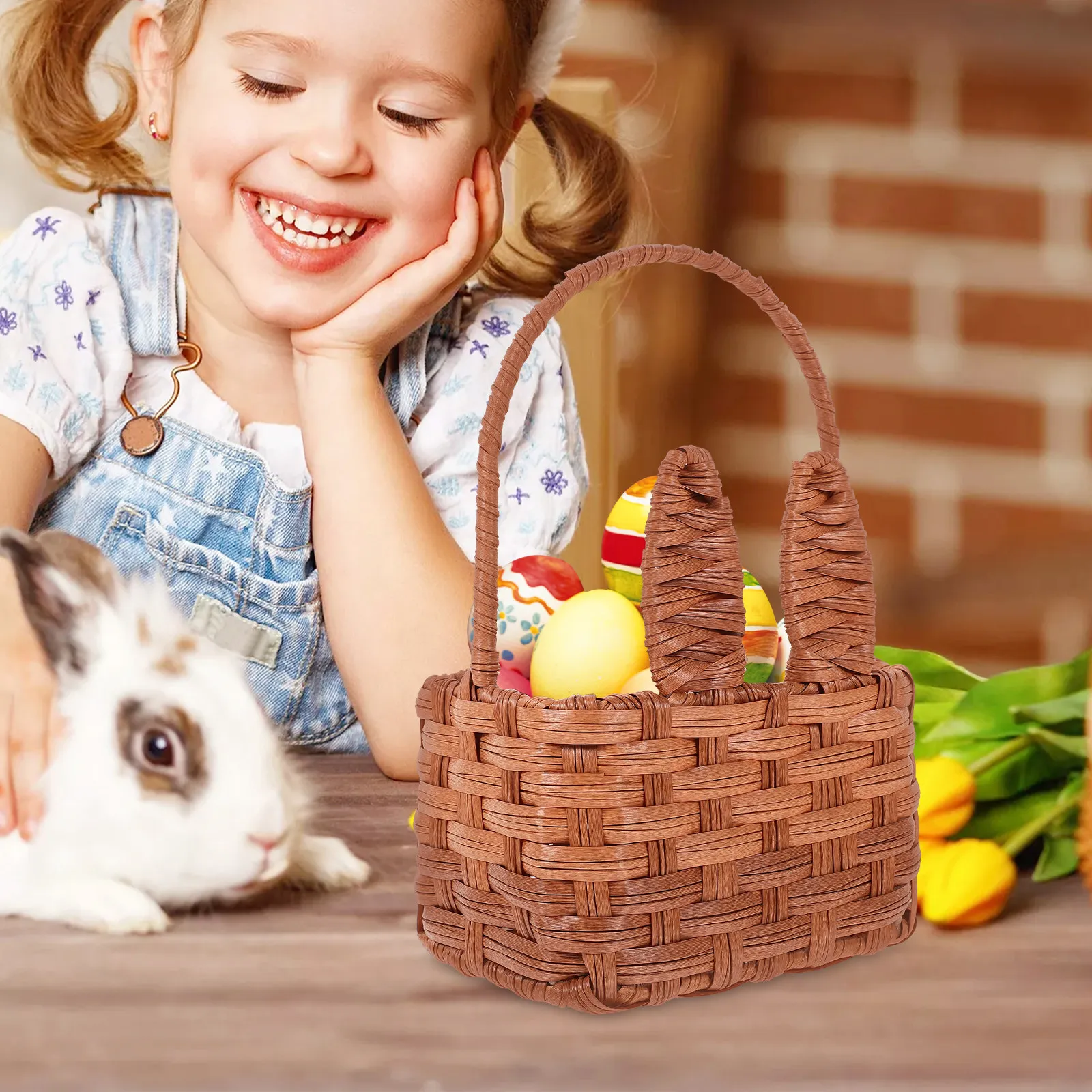 

Милая корзина для хранения с ушками кролика, ручная работа, из железа и полипропилена, плетеный органайзер для праздничных подарков, домашнего декора, портативная, многофункциональная