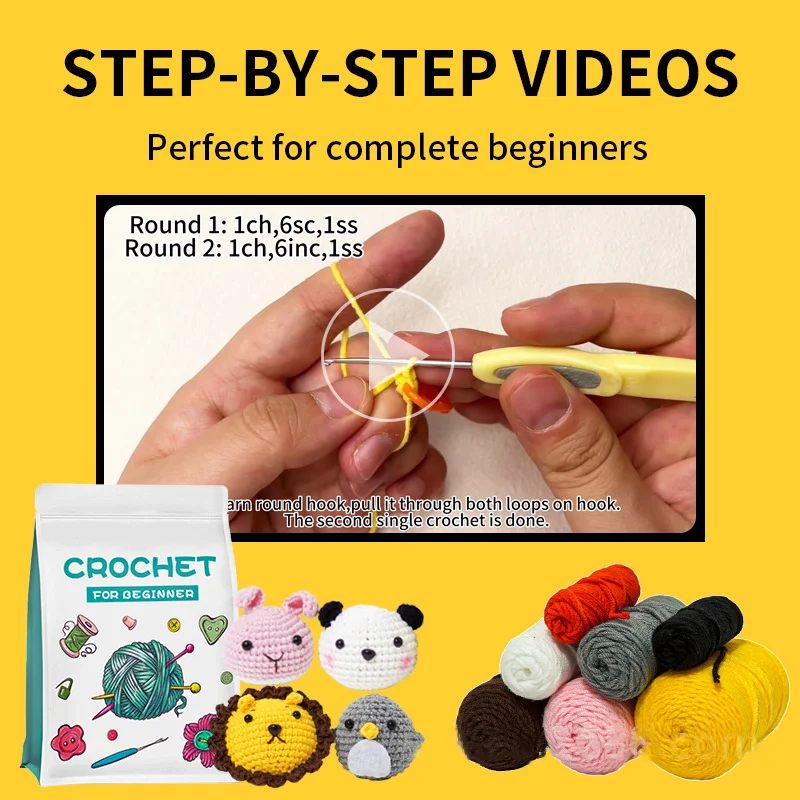 8Pcs Crochet Kit For Beginner Complete Crochet Knitting Kit Cute Animal Dolls Starter Pack with Yarn Keychain DIY Crochet Craft