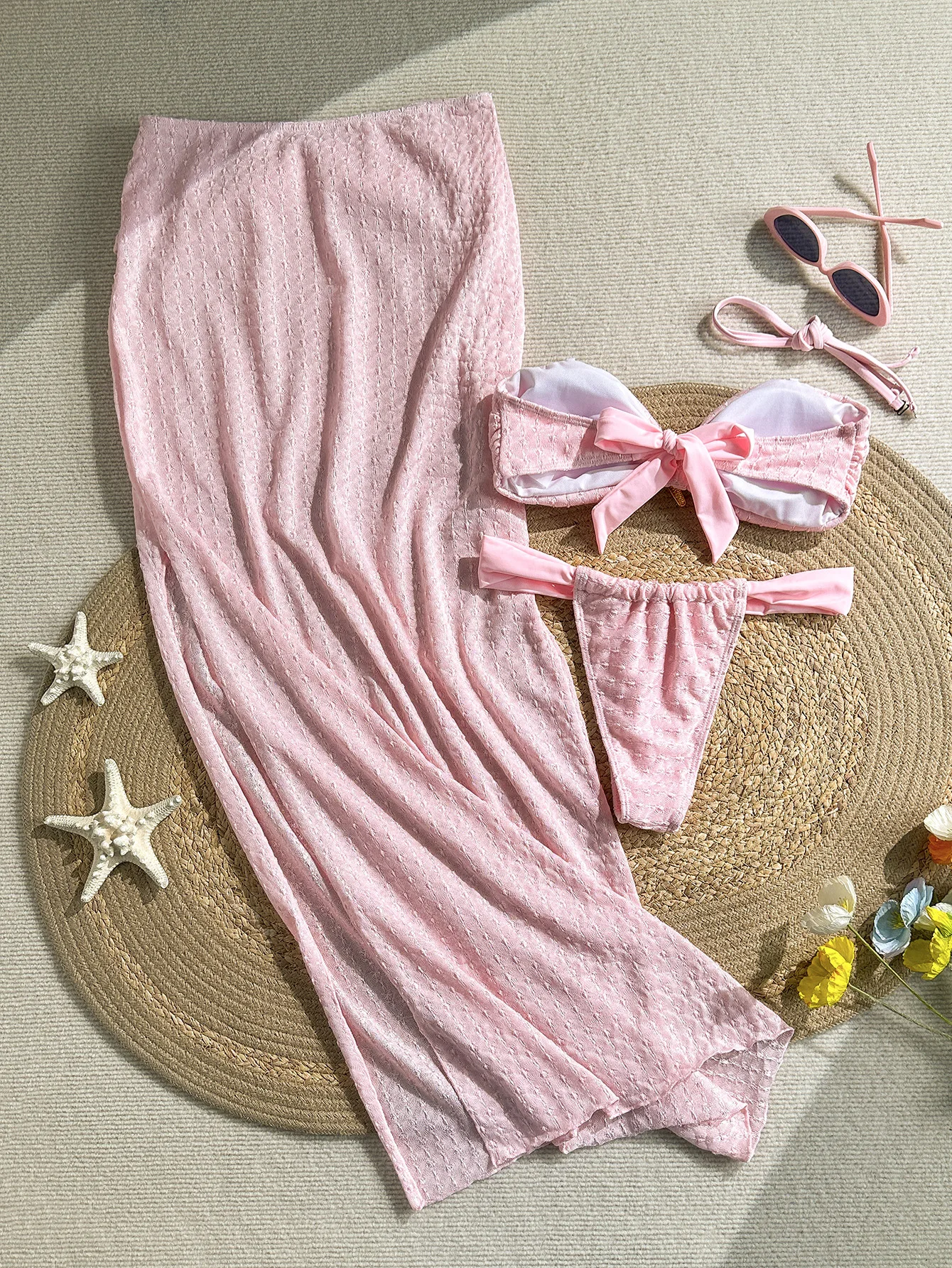 Women's Resort Bandeau Bikini Set with Knot Detail & Starfish Accent High Waist Skirt Swimsuit Cover Up Three Piece Swim Suits