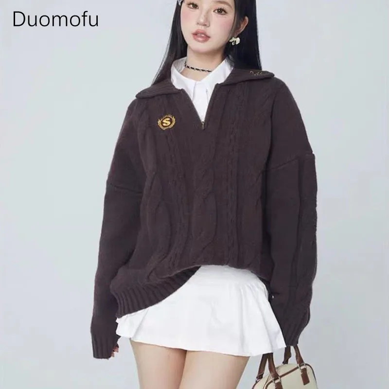 Duomofu-suéter de punto coreano para mujer, jersey de manga larga holgado que combina con todo, Top informal con cremallera para estudiantes, otoño