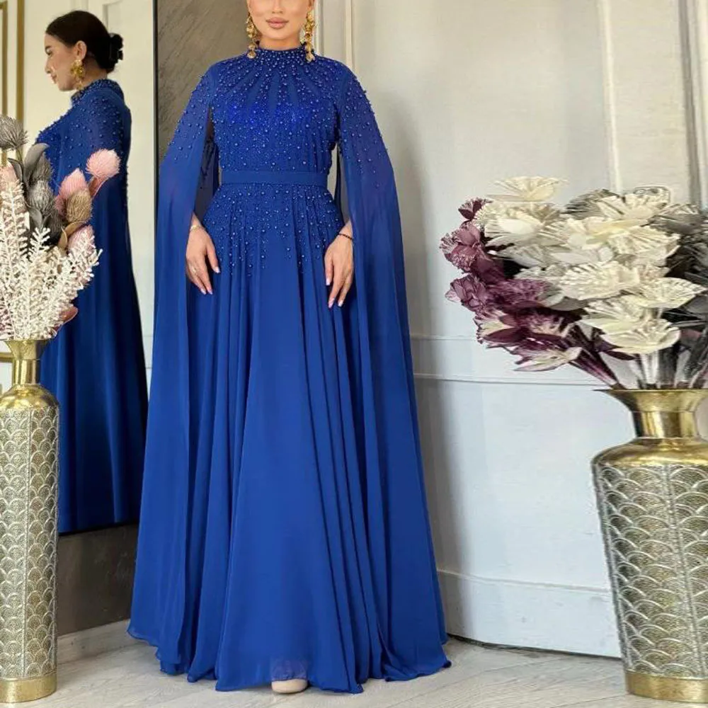 

Customized Exquiste فساتين سهره Evening Dress with Cape Sleeve Beaded A Line Formal Gown Pleated Wedding Guest Outfit