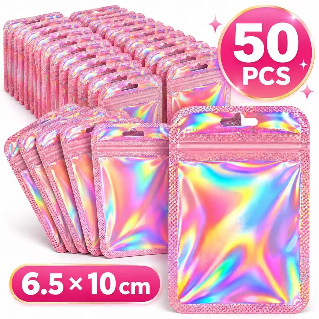50pcs Iridescent Self Sealing Bags Pink Laser Plastic Pouches Resealable Zip Lock Packaging for Jewelry Display Retail Bags