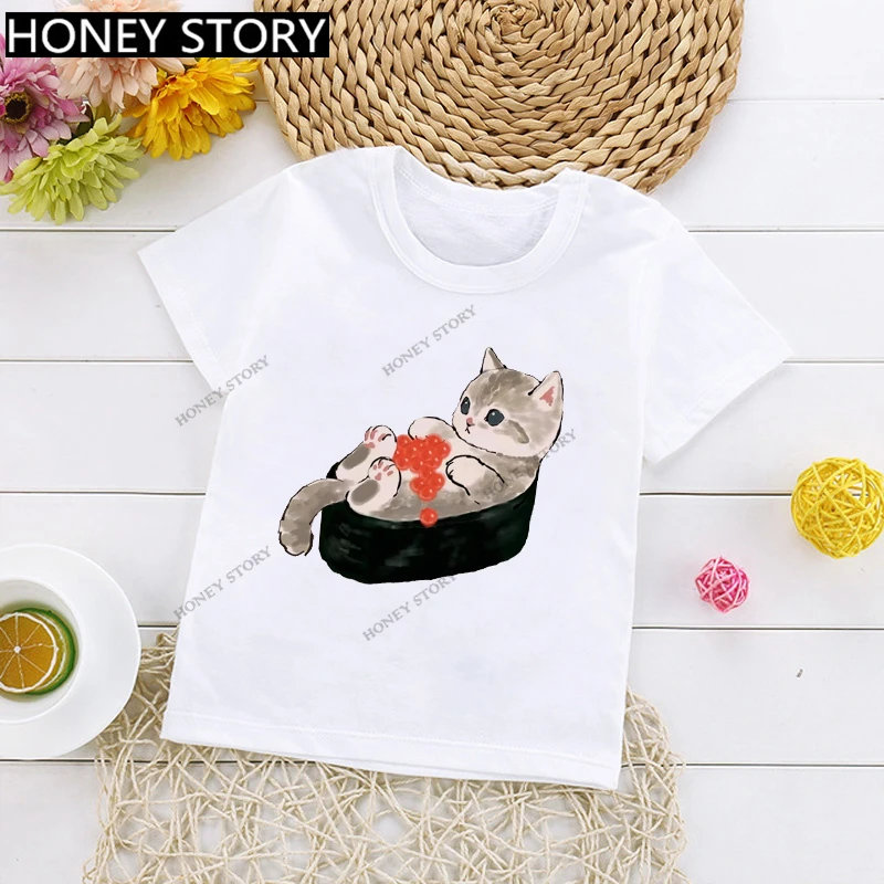 Cute Cartoon Cat Print T-shirt for Boys and Girls Clothes