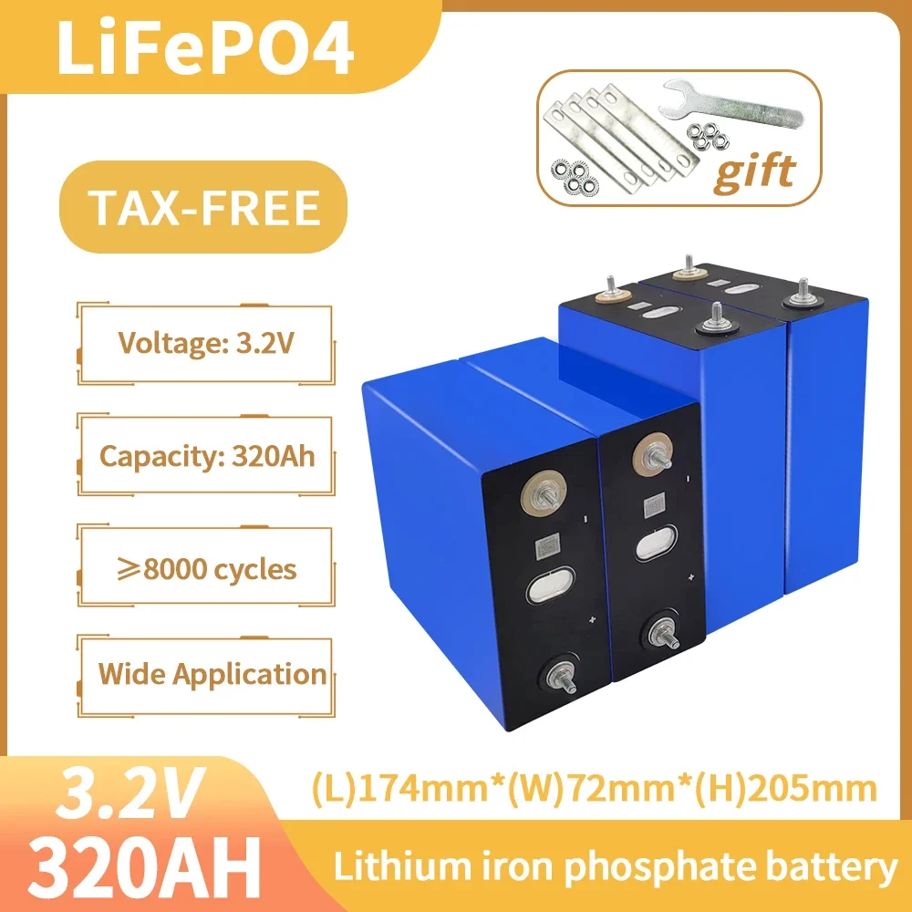 Grade A 320Ah Lifepo4 Battery 3.2V Lithium Iron Phosphate 8000 Cycles Rechargeable Cell For DIY 12V 24V 48V Home Solar Camping