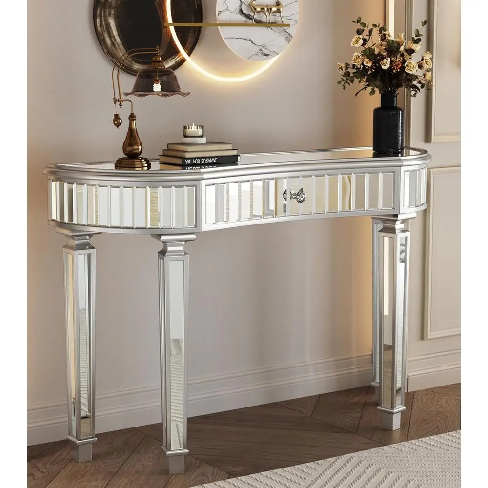 

Mirrored Console Table with Storage, Semi-Circle Entryway Table with Glass Top & Crystal Knob, Suitable for Living Room, Hallway