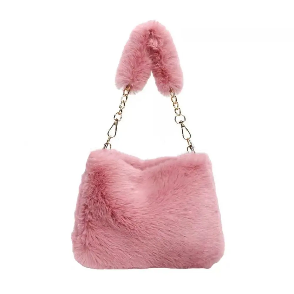 

New Style Soft Fluffy Shoulder Bags Solid Color Chain Strap Handle Bag Handle Clutch Purse Winter