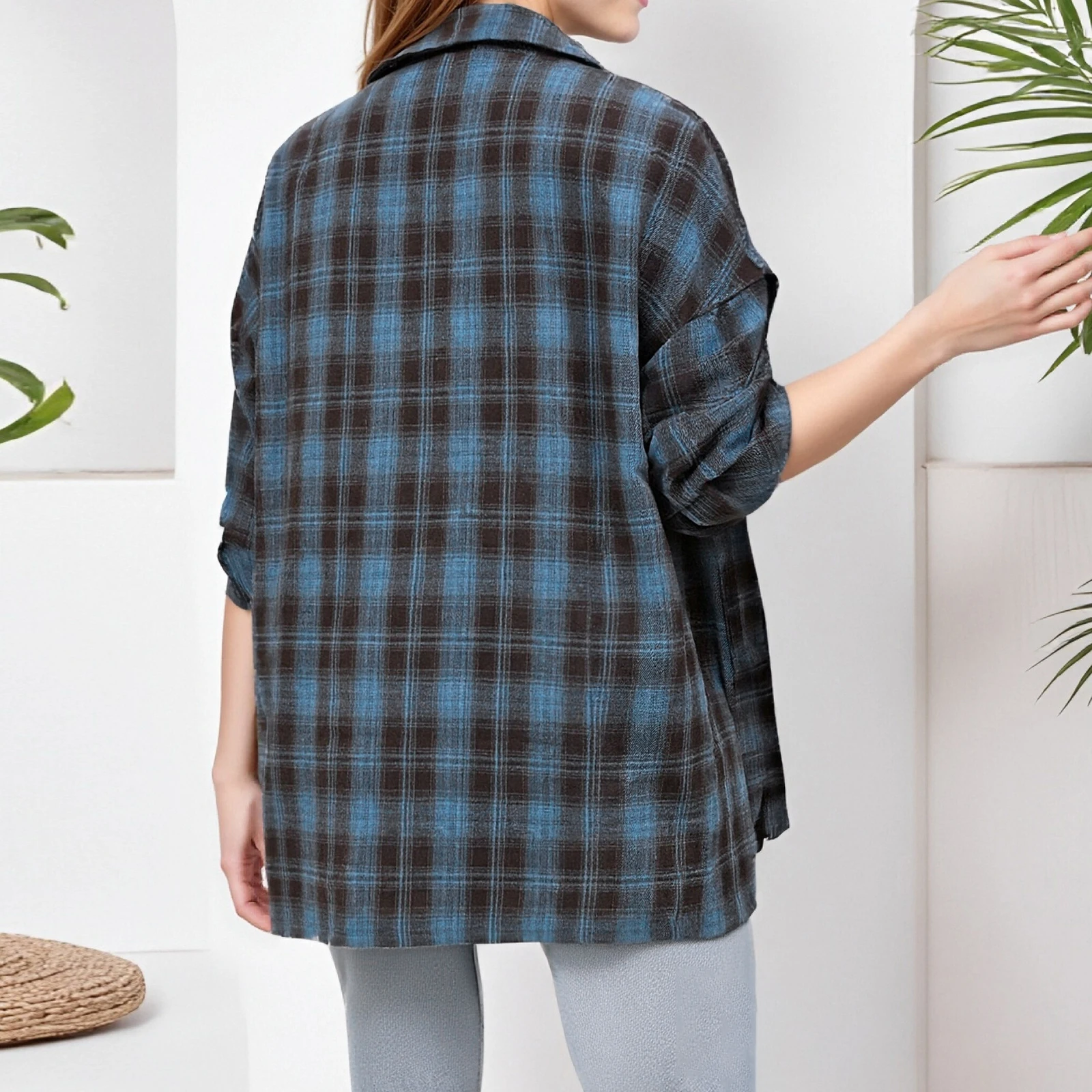 

Женская клетчатая рубашка с длинным рукавом, повседневный топ на пуговицах с карманом, осеннее пальто в стиле ретро с отложным воротником