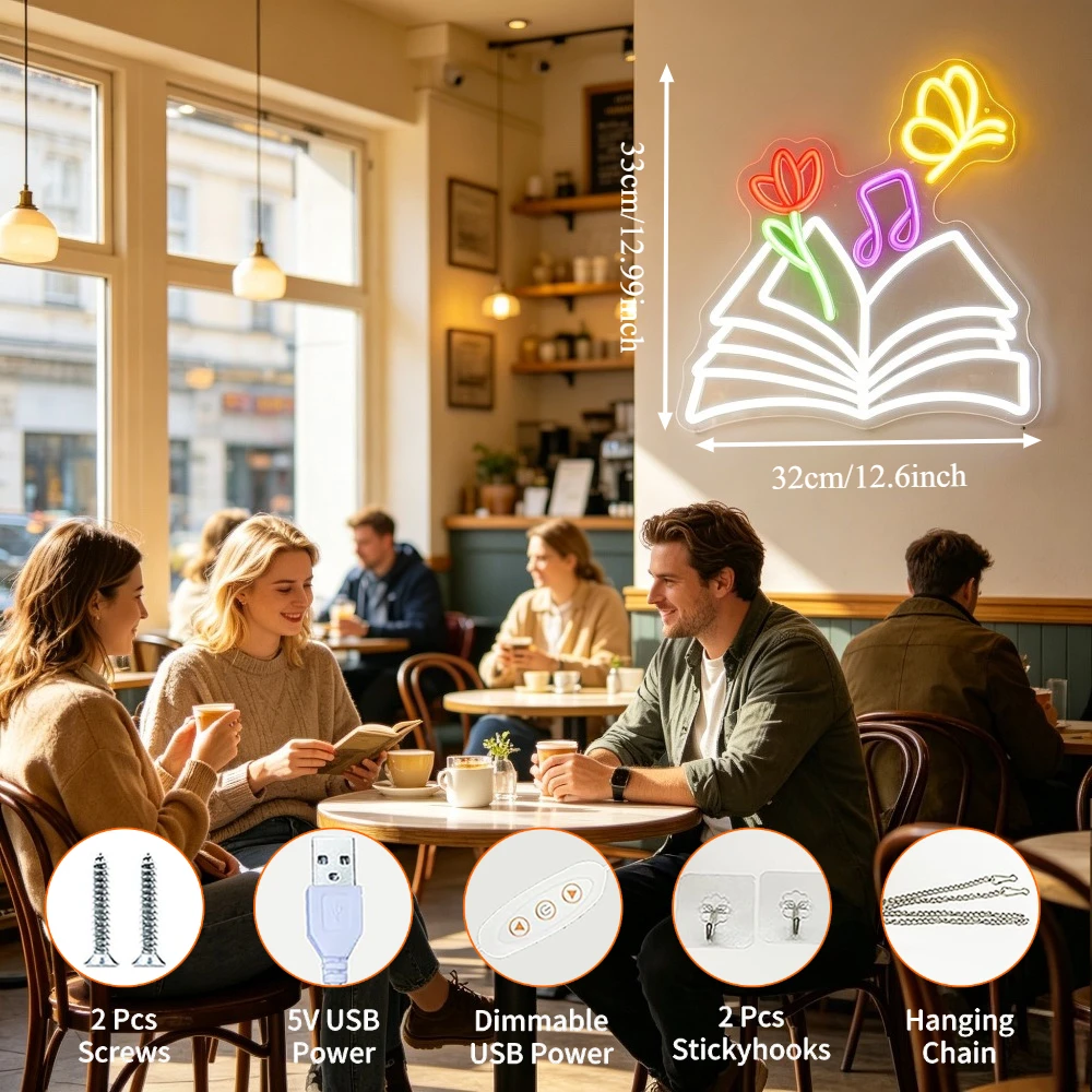 Book Music Flower Neon Sign LED Neon Light Dimmable for Study Room Piano Studio Classroom Decor Teacher Appreciation Week Gift