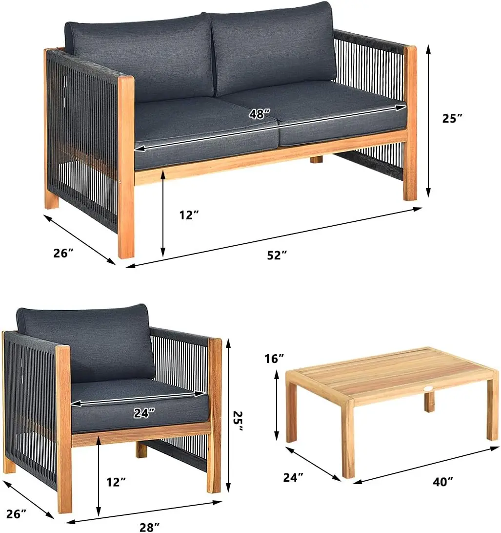 Ensemble de meubles d'extérieur en bois, canapé causeuse à cadre en acacia, 2 chaises simples et table basse, ensemble de conversation de 4 pièces avec coussins