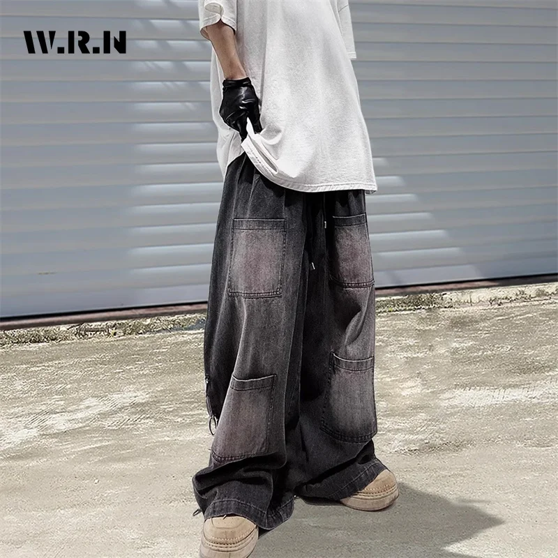 

Women's Multi Pocket Design Wide Leg Black Gray Jeans Neutral Style High Waist Vintage Street Pants Female Straight Trousers