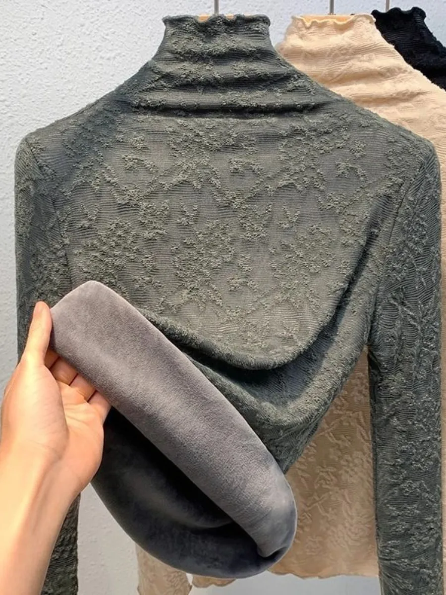 

plus Size Women's Fleece Lined Thickened Lace Slim Fit Base Shirt Autumn Winter Warm Inner Wear Half High Collar Net Multi-pi...