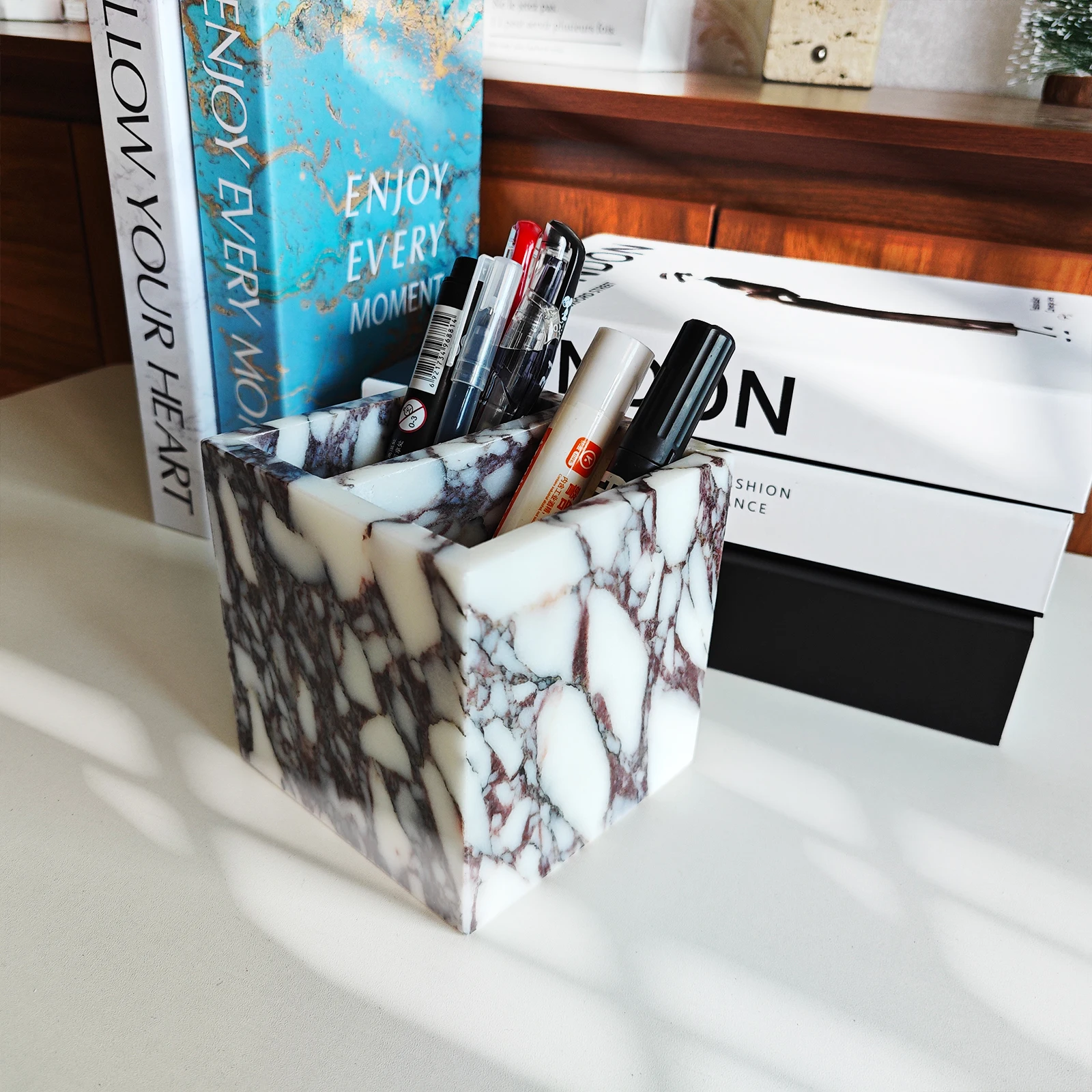 حامل أقلام رصاص من الرخام الطبيعي، منظم مكتب بطبقة مزدوجة، تخزين مستلزمات المكتب، قرطاسية لسطح المكتب، حامل فرشاة المكياج