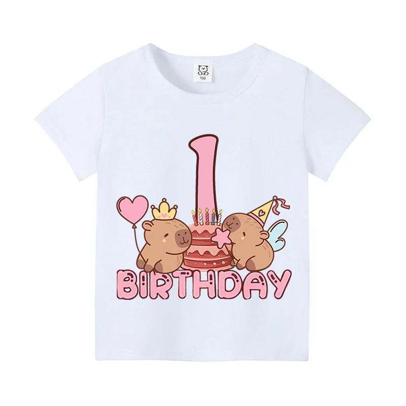 Capybara Child Casual Shirts Cotton Clothes Summer Short Sleeve White T-shirt Tee Anime Top Cute Shirt Cartoon Boy Girl Clothing