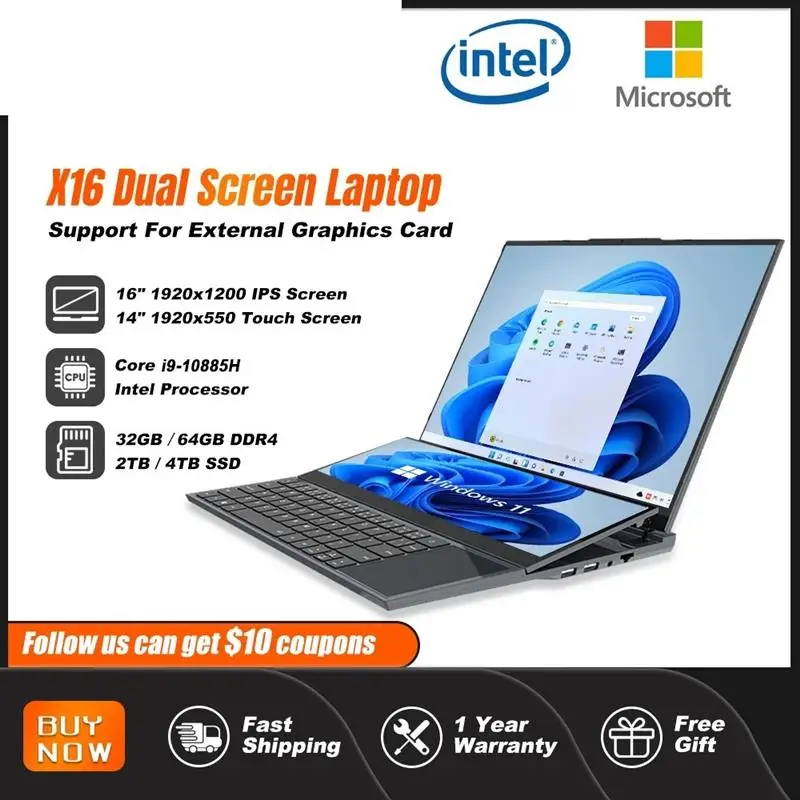 Top Dual Screen Laptop 16.1 Inch + 14.1 Inch Touchscreen Core i9 10885H Processor Gaming Laptop Business Notebook Computer