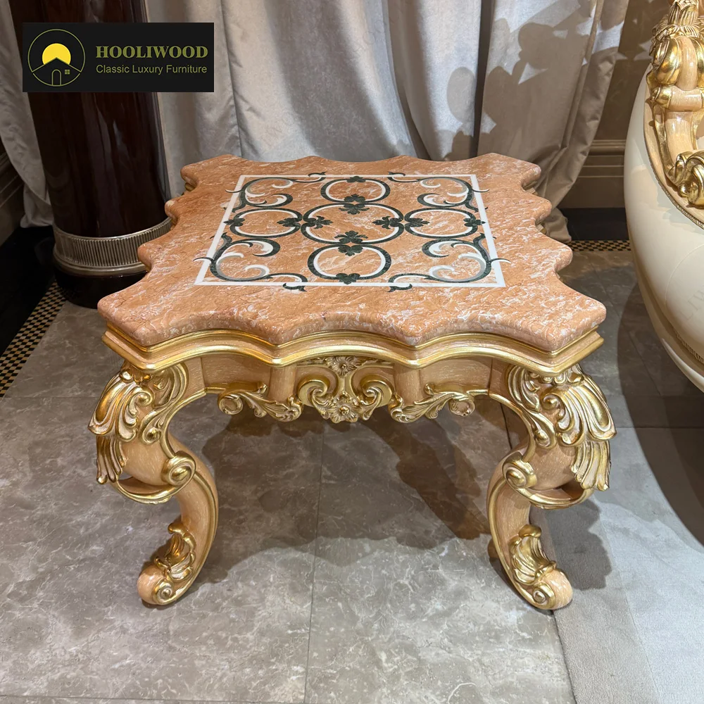 #Luxury Ornate Corner Table Pink Marble Top Gold Carved Legs Elegant Classic Design Coffee Table For High-End Homes Villa
