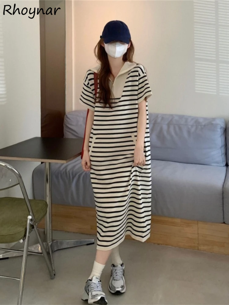 M-5XL Striped Short Sleeve Dresses Women Daily Casual All-match Straight Baggy Zippers Pockets Trendy High Street Korean Style