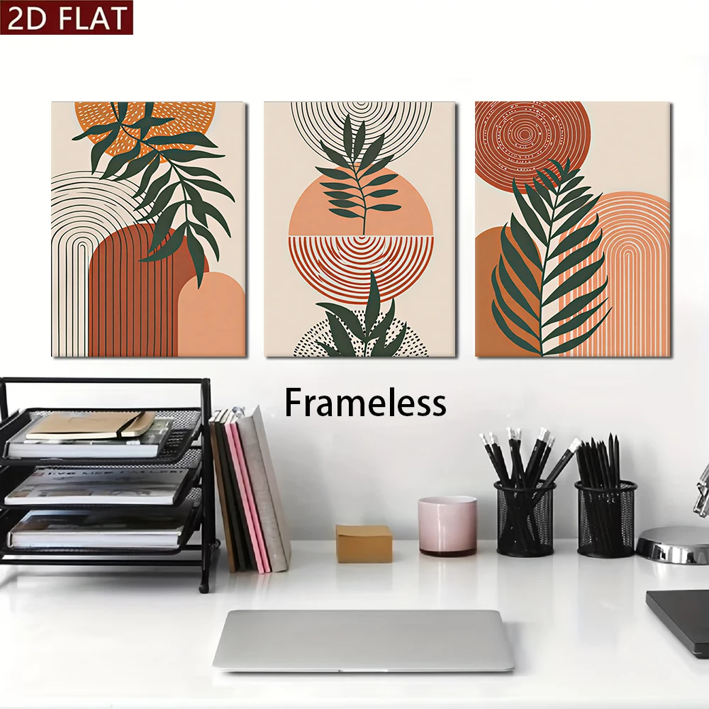 1 set of living room triple decoration painting modern simple abstract green plants geometric sofa background wall frameless pai