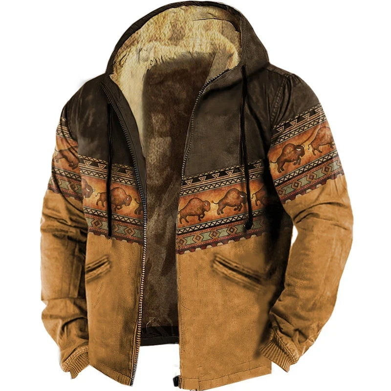 Vintage Ethnic Style Graphic Jackets Mens Winter Warm Wool Liner Coats Streetwear Fashion Drawstring Hooded Jacket Coat For Men