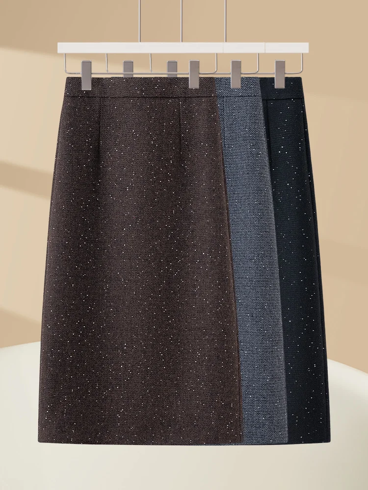 

High Waist Woolen Skirt Women's Autumn Winter Straight Cut Bodycon mid Length a Line Shiny One Step Skirt Commute Style