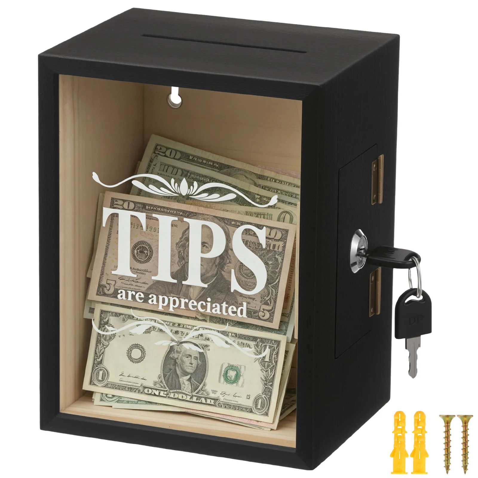1 Pc Lockable Wooden Tip Box with Clear Acrylic Window Piggy Bank Multi-purpose Donation Boxes for Restaurant Bar Cafe Charity