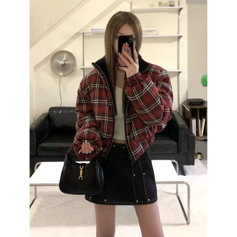 2024 New Winter Short Style Solid Color Versatile Double Sided Parkas for Women Black Red Grid Cotton Jacket Female Clothing