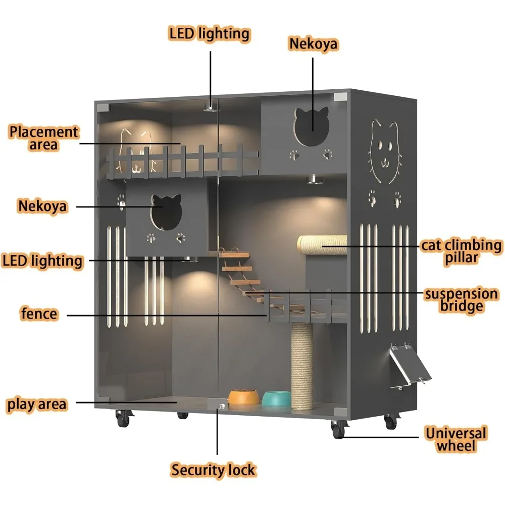 Casa grande de madera para gatos, condominio para gatos con múltiples funciones, postes y ruedas para rascar mascotas, condominio para gatos para puerta de ventilación interior para gatos