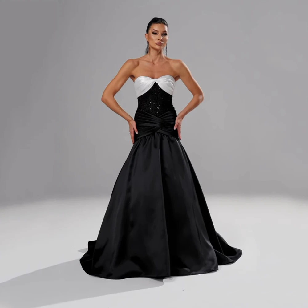 

Customized Strapless Black A-line Backless Evening Dresses Draped Sequined Sleeveless Contrast Color Floor Length Prom Gown