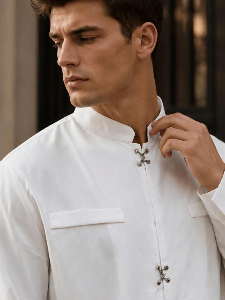 Men White Stand Collar Shirt Single-Breasted Long Sleeve Slim Fit Fashion Wedding Party Daily Casual Office Male Tops