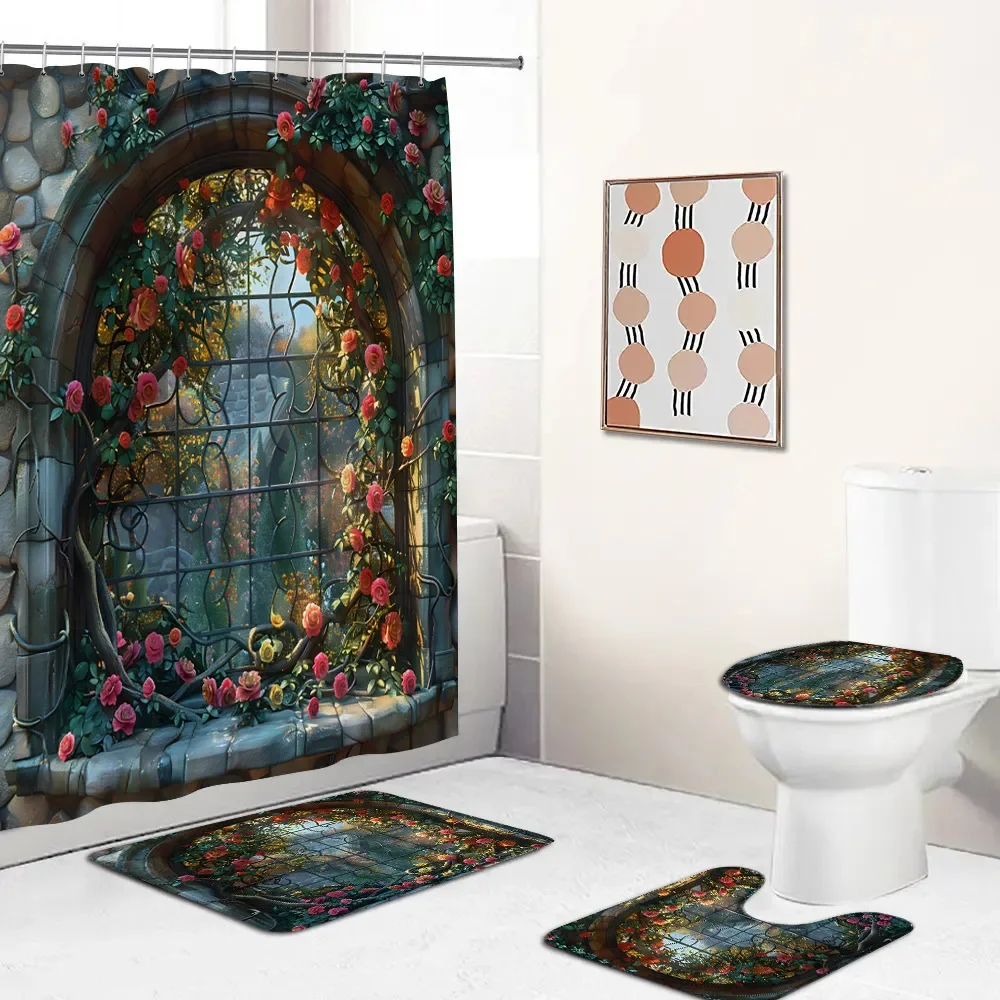 Garden Shower Curtain Set Stained Glass Floral Green Vine Arch Door Home Decor for Bathroom Modern Bath Mat Toilet Lid Cover