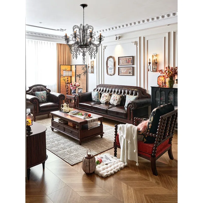 Vintage solid wood genuine leather sofa with top-grain cowhide furniture