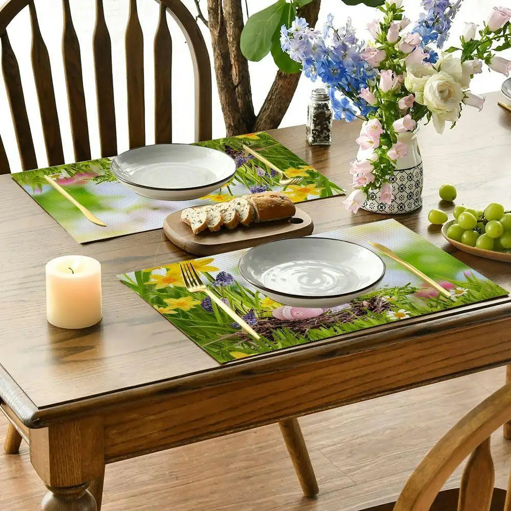 1PC Easter Spring Floral Table Placemats - Heat-Resistant High Quality Linen Rectangular Place Mats for Indoor