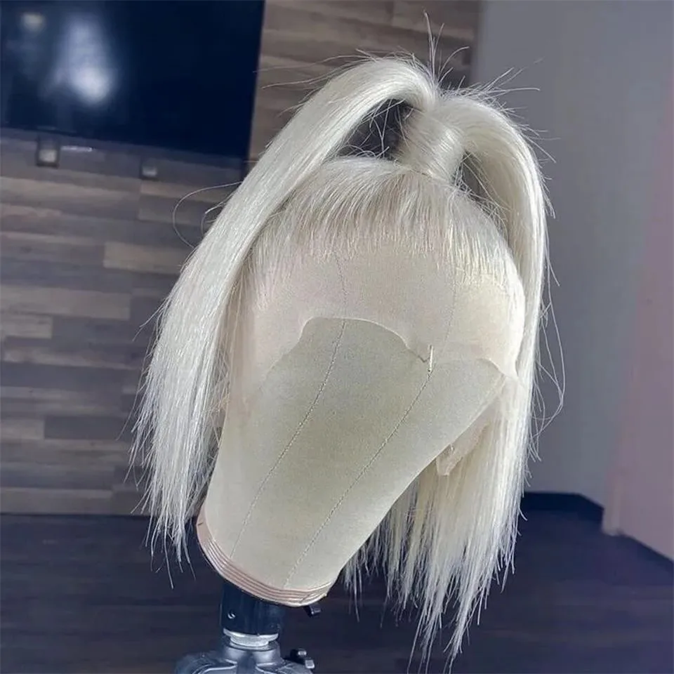 13x4 Transparent Lace Frontal Wig Color White Platinum Ash Blonde Straight Bob Lace Front Wig Synthetic Pre Plucked