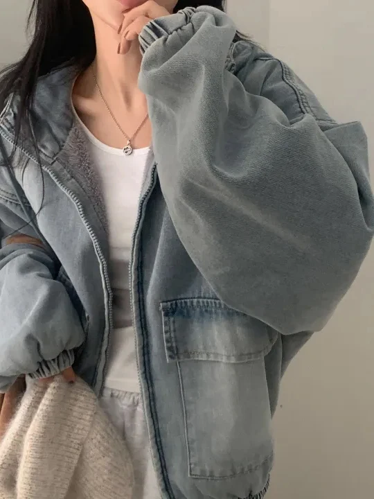 

Chic Thiened Fur Denim Hooded Jaet Women's Winter Faion Loose Lazy Sle Top f High Collar Lantern Sve Zipper Clo...