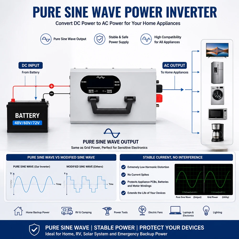 1600W Pure Sine Wave Inverter Peak Power 3200W Power Solar Car Inverters DC 48V 60V 72V To AC 220V Voltage Converter
