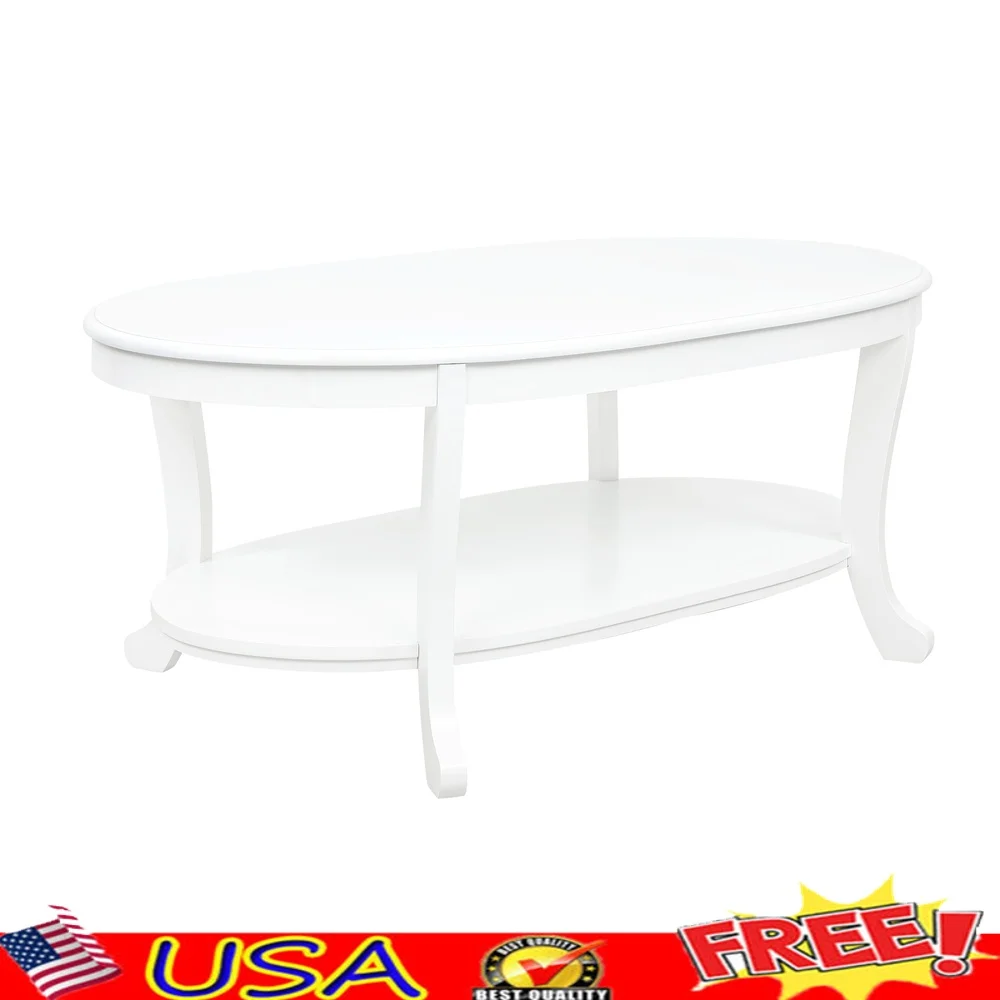 

Традиционный овальный журнальный столик с полкой для хранения, мебель для гостиной с белой отделкой из массива дерева, классический дизайн, поверхность дисплея