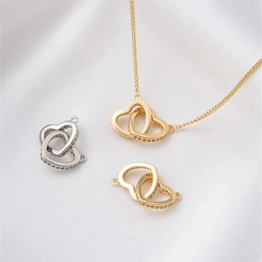 14K Gold-Color Love Heart Necklace Pendant Heart To Heart Interlocking Double Peach Heart DIY Charms Pendant K593