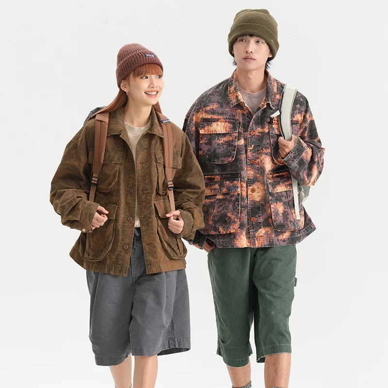 

Outdoor Unisex 100% Cotton Camouflage Utility Jacket American Retro Lapel Trendy Casual Loose-Fit Workwear Top for Spring Autumn