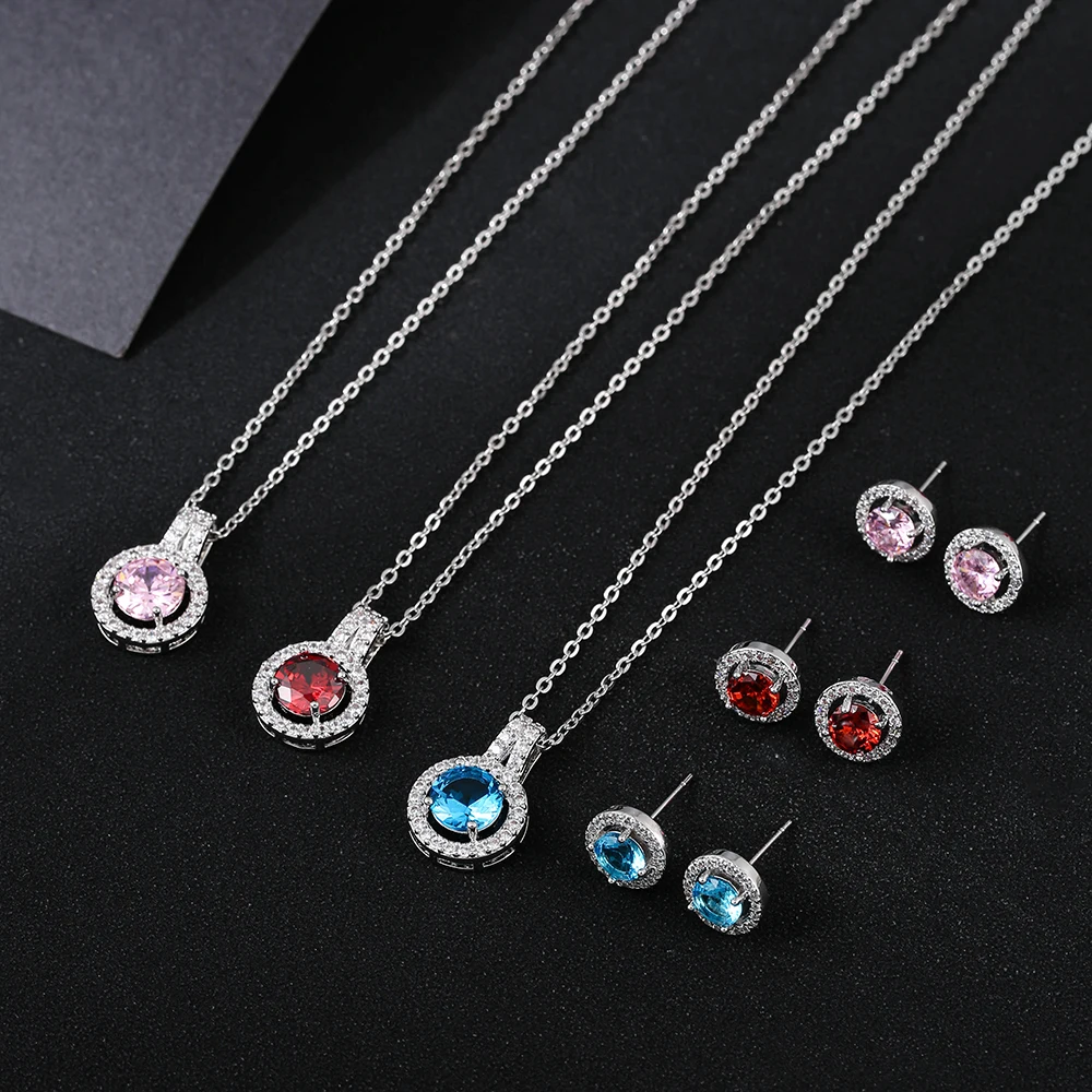 Fashion Cubic Zirconia Round Pendant Necklaces for Women 10 Colors Choker Bridal Hollow Party Jewelry