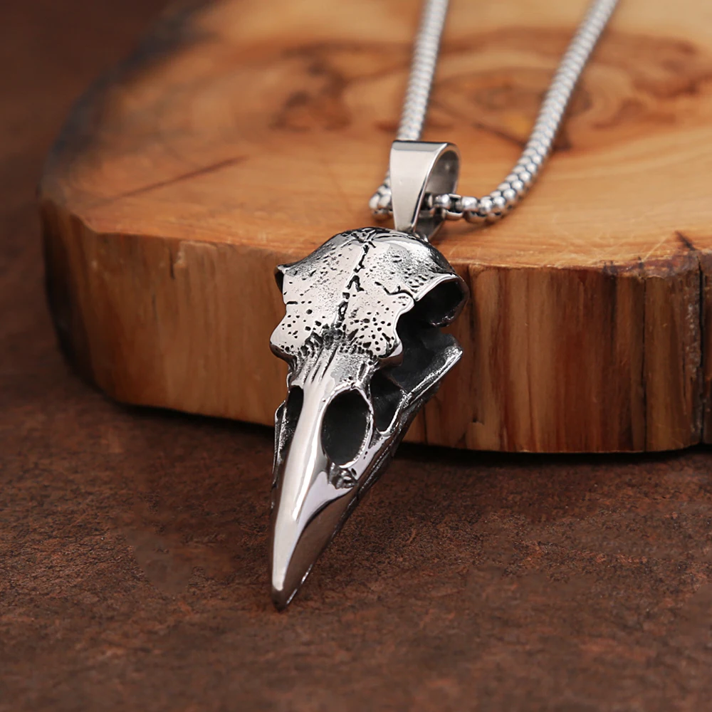 Punk Vintage Viking Crow Head Bird Skull Pendant For Men Stainless Steel Animal Chain Necklaces Fashion Jewelry Gifts Wholesale