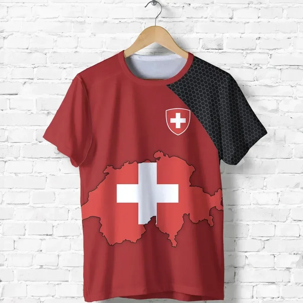 Men's 3D printed Swiss flag short sleeved T-shirt, large casual wear with Swiss national emblem printed, Harajuku children's top