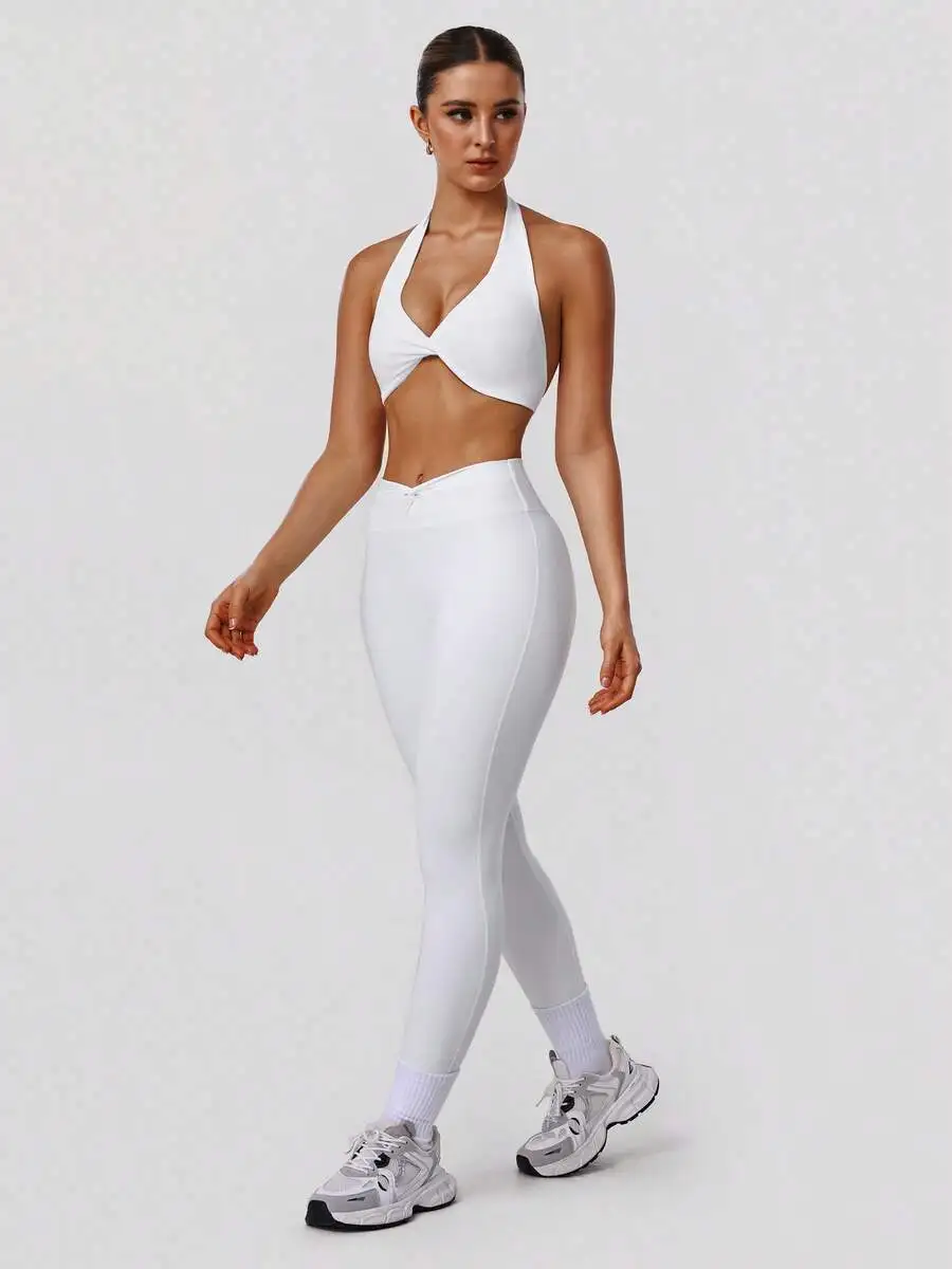 

Womens Twist Back V-Neck Padded Sports Bra White Workout Yoga Top