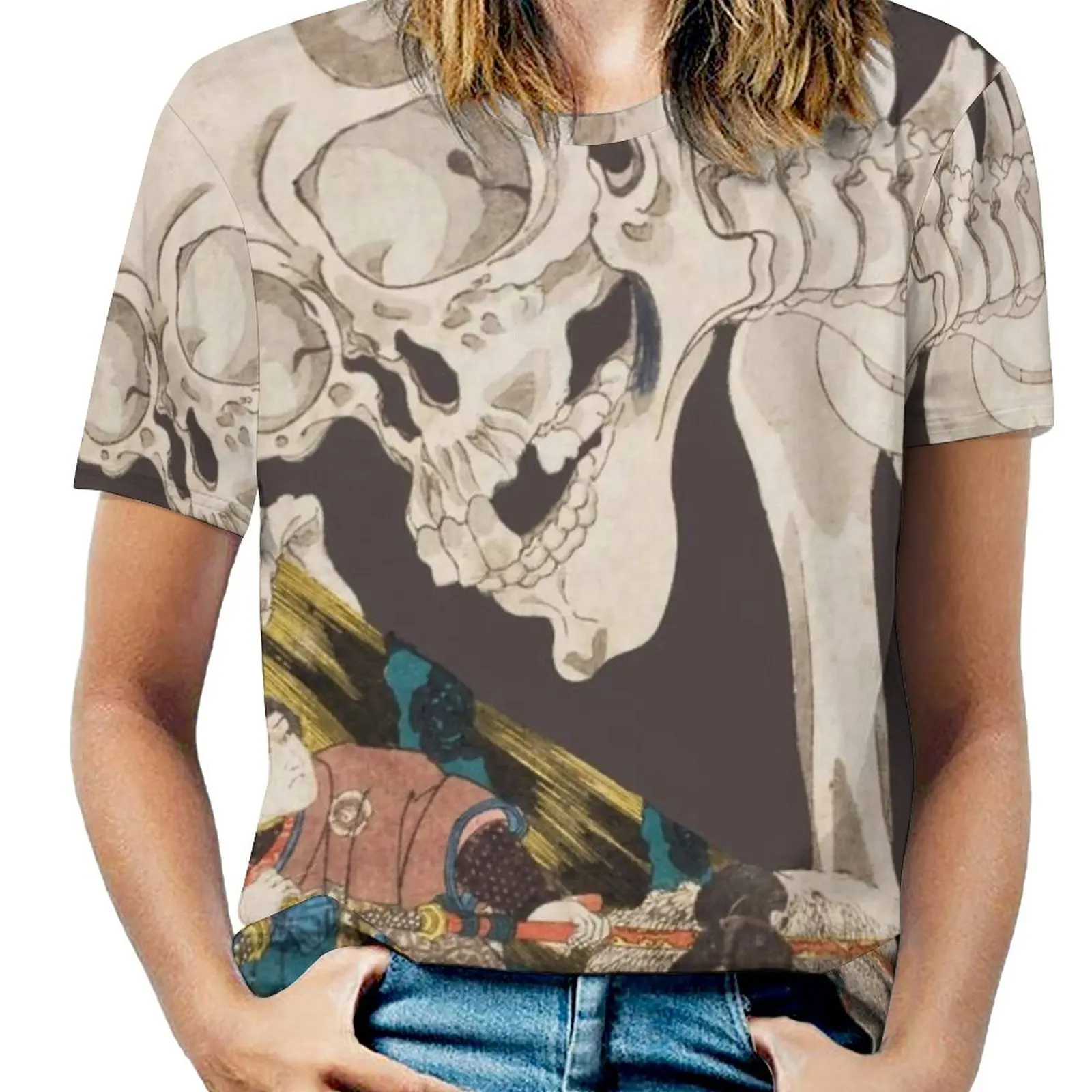 Skeleton Ghost Ukiyo-E Woodblock Print Women T-Shirt Crewneck Casual Short Sleeve Tops Summer Tees Japanese Art Utagawa