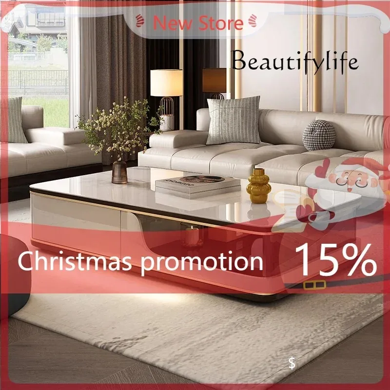 J طاولة القهوة لغرفة المعيشة الحديثة بسيطة البني الزجاج روك بلاطة جديدة الإيطالية الحد الأدنى طاولة شاي الخشب الصلب المنزلية #1