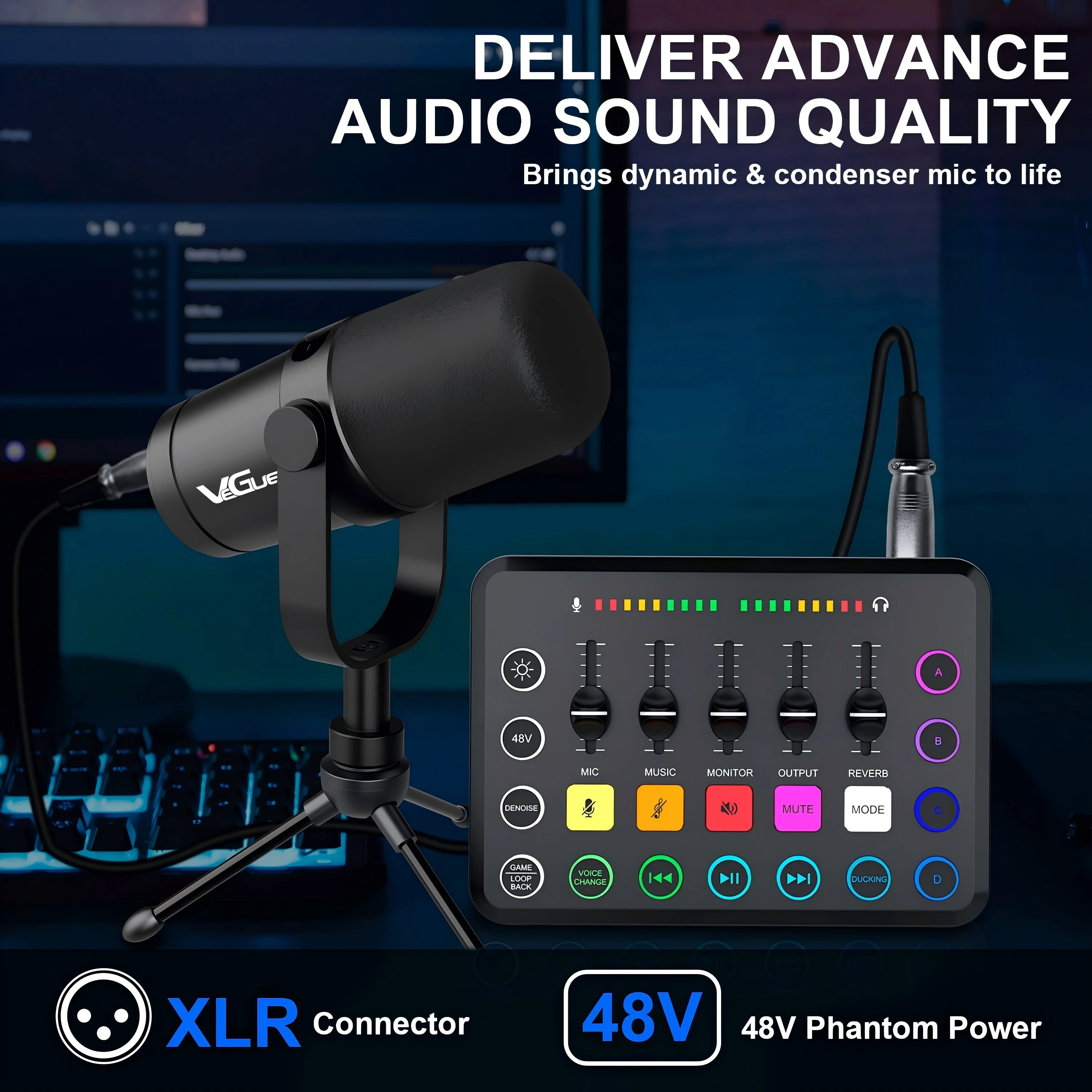 Mixer de áudio para jogos, mixer de pc rgb com interface de microfone xlr, fader de volume de controle individual/botão mudo/phanto 48v