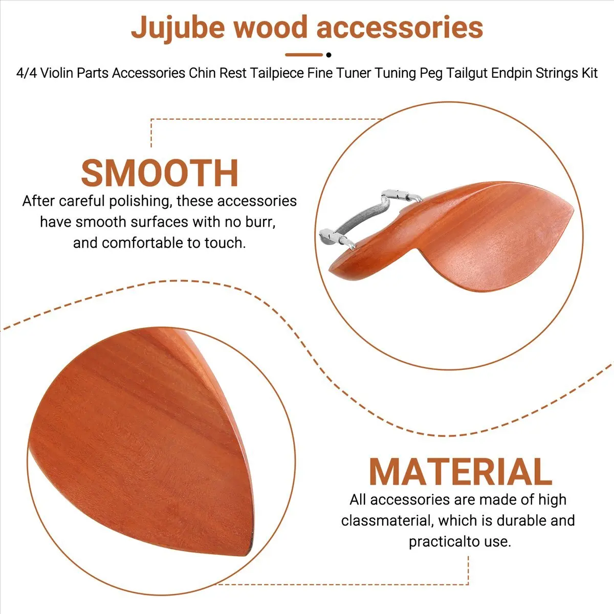 

TUREBG 4/4 Violin Parts Accessories Chin Rest Tailpiece Fine Tuner Tuning Peg Tailgut Endpin Strings Kit