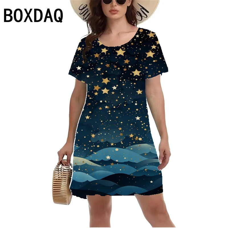 3D Blue Starry Sky Planet Meteor Pattern Print Dress Women Summer Short Sleeve Round Neck Casual A-Line Dress Vestidos De Mujer